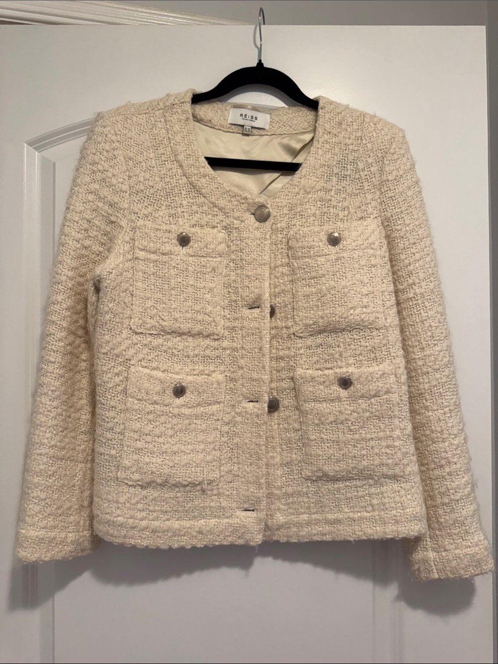 Reiss Ivory Bouclé Four-Pocket Jacket